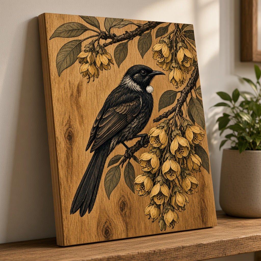 Tui on Kōwhai · 12×16 Wood Print
